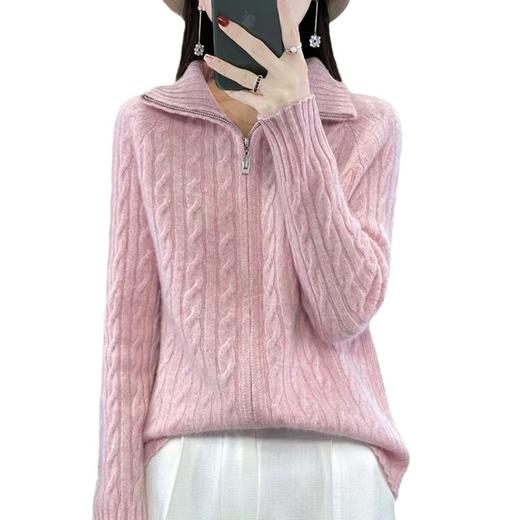 韩版翻领麻花纯色针织开衫女2024秋冬新款宽松双拉链气质毛衣外套 商品图4