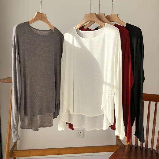 雀说桑蚕丝面膜宽松长袖T恤 女春夏莱赛尔圆领中长款打底衫AL 商品图5