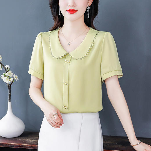 TZF-娃娃领缎面衬衫女装夏季新款时尚洋气减龄上衣气质百搭短袖 商品图5