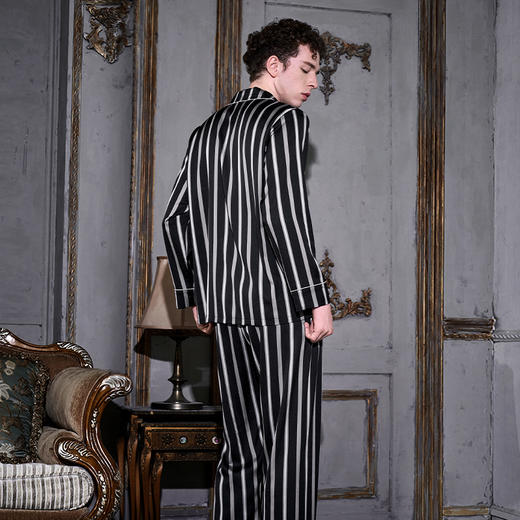 Solo seta22姆米重磅真丝长款凉感睡衣套装男桑蚕丝黑白条纹印花 商品图2