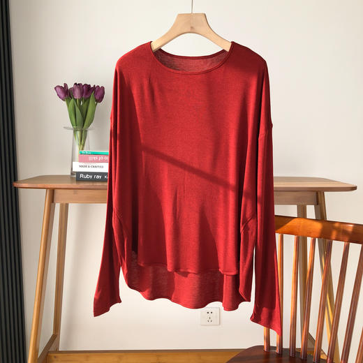 雀说桑蚕丝面膜宽松长袖T恤 女春夏莱赛尔圆领中长款打底衫AL 商品图6