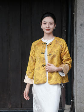 盛唐牡丹 |花香引蝶真丝宋锦对襟外套