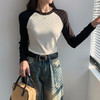 2024秋冬新款圆领撞色打底衫女韩版修身显瘦拼接打底上衣插肩袖 商品缩略图2