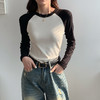 2024秋冬新款圆领撞色打底衫女韩版修身显瘦拼接打底上衣插肩袖 商品缩略图0