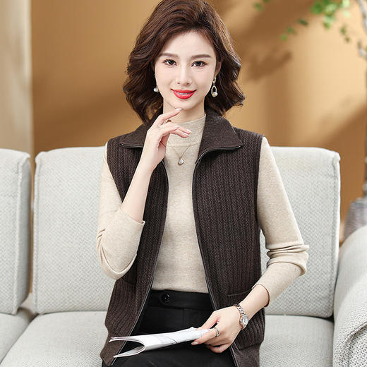 中年妈妈女装针织背心有口袋拉链开衫显气质外套2024春秋翻领马甲 商品图2