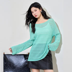 日薄荷曼波长袖镂空针织衫T恤女轻薄罩衫上衣V2942142