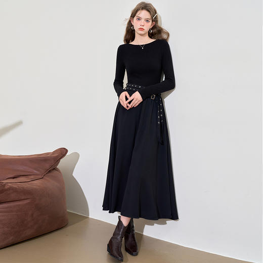 【限时秒杀】西遇法式风连衣裙新款黑色长袖针织衫修身显瘦长裙女12138727 商品图1