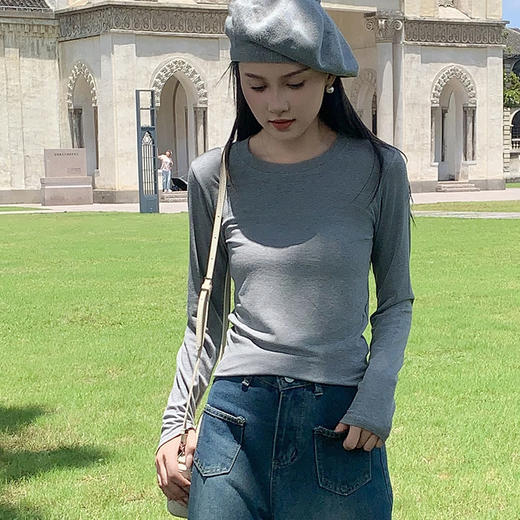 圆领打底衫女2024早秋新款女装洋气百搭纯色打底上衣长袖可外穿 商品图3