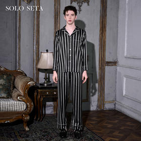 Solo seta22姆米重磅真丝长款凉感睡衣套装男桑蚕丝黑白条纹印花