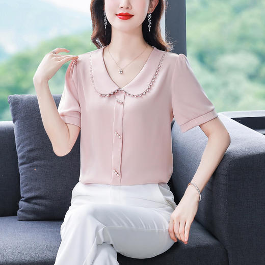 TZF-娃娃领缎面衬衫女装夏季新款时尚洋气减龄上衣气质百搭短袖 商品图3