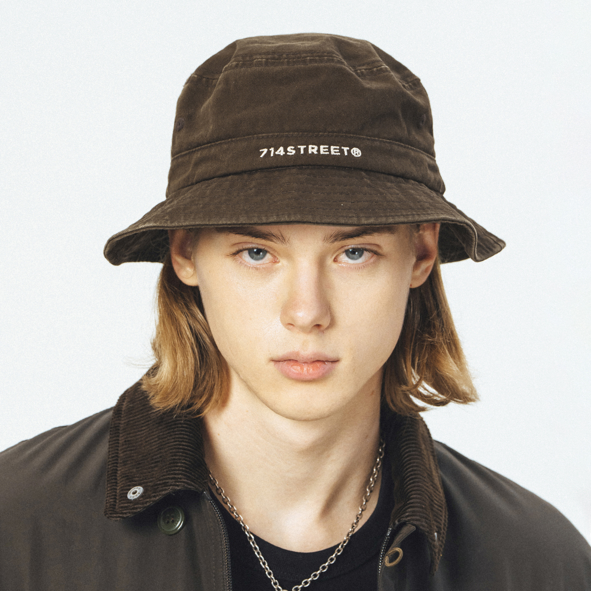 714street潮牌渔夫帽男日系复古盆帽简约字母刺绣帽子防晒遮阳帽