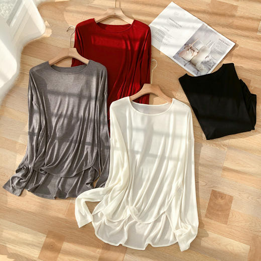 雀说桑蚕丝面膜宽松长袖T恤 女春夏莱赛尔圆领中长款打底衫AL 商品图3