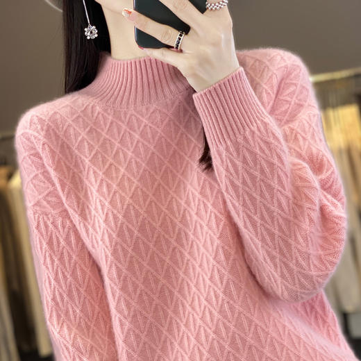 秋季新款2024半高领长袖毛衣女套头格纹宽松针织衫时尚内搭打底衫 商品图1