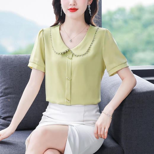 TZF-娃娃领缎面衬衫女装夏季新款时尚洋气减龄上衣气质百搭短袖 商品图1