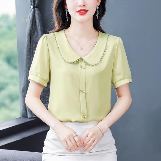 TZF-娃娃领缎面衬衫女装夏季新款时尚洋气减龄上衣气质百搭短袖 商品图0