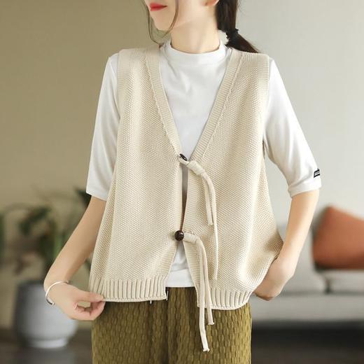 春秋薄款拧绳盘扣V领文艺复古知性美棉线编织无袖针织马甲背心女 商品图3