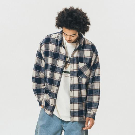 714street格子长袖衬衫男日系复古衬衣潮牌宽松上衣春季休闲外套 商品图1