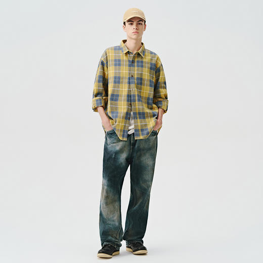 714street重磅格子长袖衬衫男2024秋季新款美式复古宽松情侣外套 商品图1