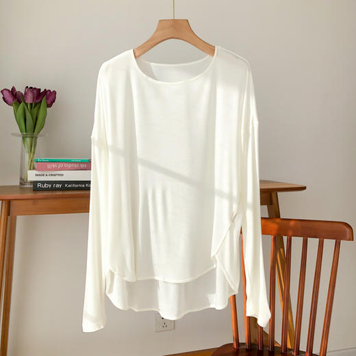 雀说桑蚕丝面膜宽松长袖T恤 女春夏莱赛尔圆领中长款打底衫AL 商品图0