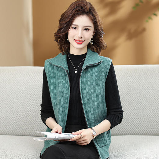 中年妈妈女装针织背心有口袋拉链开衫显气质外套2024春秋翻领马甲 商品图1