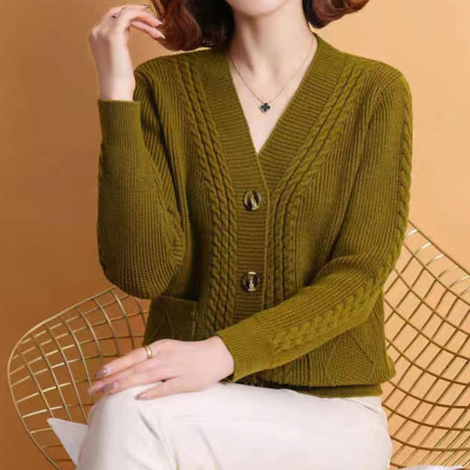 2024秋冬V领针织开衫女外搭麻花长袖气质休闲毛衣女舒适外套批发 商品图3