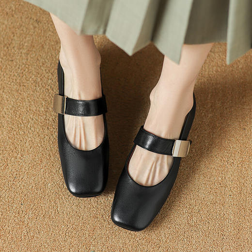 【预售5天】法式复古灰色羊皮粗跟金属扣玛丽珍鞋方头浅口通勤中跟四季单鞋女ASZ&W0297 商品图4