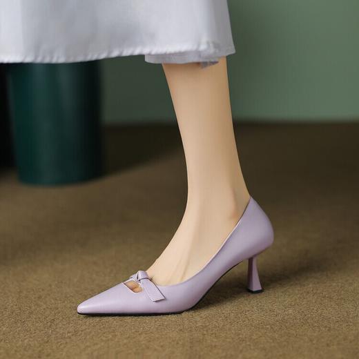 【预售5天】里外全皮细跟尖头蝴蝶结镂空浅口单鞋头层牛皮韩版时尚淑女高跟鞋HTK&F1077-22 商品图0