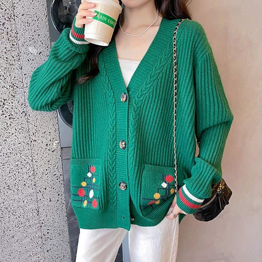 大码针织开衫2024秋冬新款女装外搭上衣秋冬韩版时尚麻花毛衣外套 商品图2