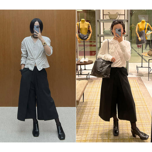 HIDEMI 【当当同款】极简显瘦手工边中高腰立体翻折设计感七分阔腿裤 深灰色/黑色/橄榄棕/奶油米白 商品图2