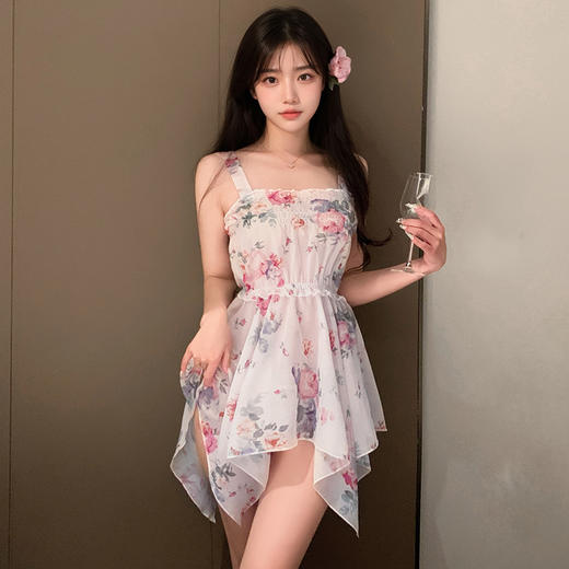 霏慕法式碎花抽褶抹胸连衣裙7809 商品图0