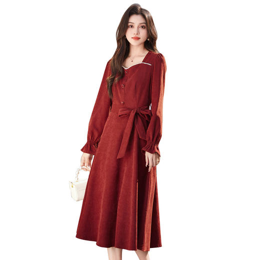 2024年秋季新款红色长裙气质显瘦珍珠拼接连衣裙MHYM38822 商品图4