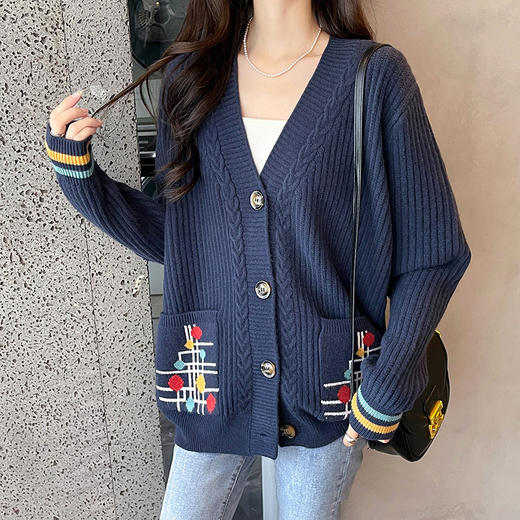 大码针织开衫2024秋冬新款女装外搭上衣秋冬韩版时尚麻花毛衣外套 商品图3