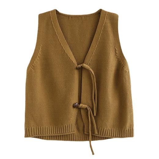 春秋薄款拧绳盘扣V领文艺复古知性美棉线编织无袖针织马甲背心女 商品图4