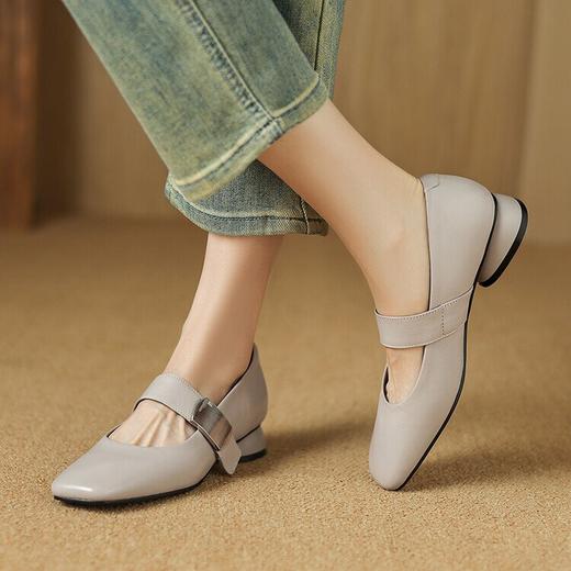 【预售5天】法式复古灰色羊皮粗跟金属扣玛丽珍鞋方头浅口通勤中跟四季单鞋女ASZ&W0297 商品图3