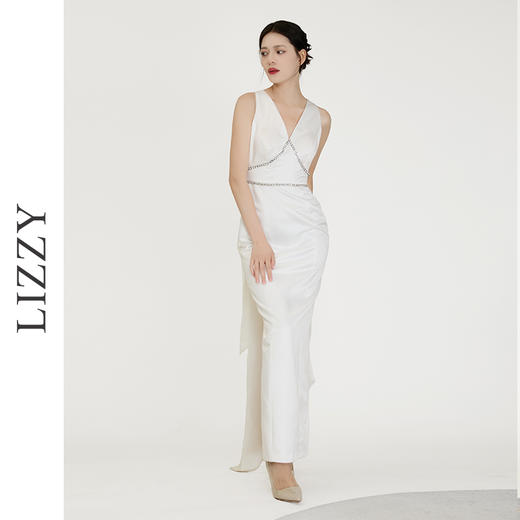 LIZZY钉珠装饰奢华优雅宴会派对性感深V露背礼服连衣裙7179 商品图3