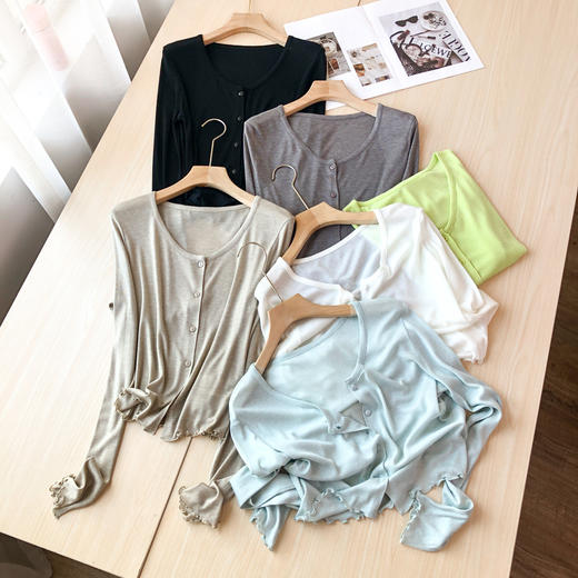 雀说软糯木耳边开衫松舒适桑蚕丝莱赛尔圆领长袖针织衫女防晒AL 商品图2