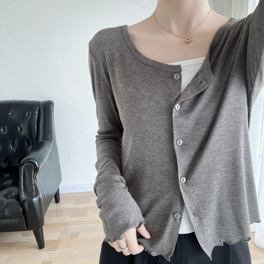 雀说软糯木耳边开衫松舒适桑蚕丝莱赛尔圆领长袖针织衫女防晒AL 商品图3