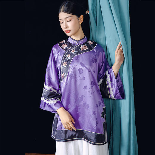 致橡树2024秋新款中式提花缎面绣花国风二大衫清汉女上衣F240753 商品图4