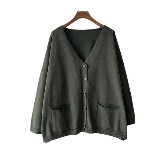 跨境宽松大码文艺复古针织开衫毛衣女薄款长袖韩版v领纯色外套潮 商品图4