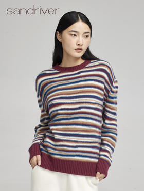 sandriver青海羊绒针织条纹圆领套头衫
