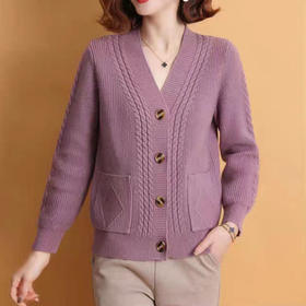 2024秋冬V领针织开衫女外搭麻花长袖气质休闲毛衣女舒适外套批发