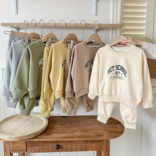 【GZ】无忧购韩版儿童小熊印花运动休闲落肩卫衣卫裤套装（截单后7天发货)25年清仓捡漏 商品图0