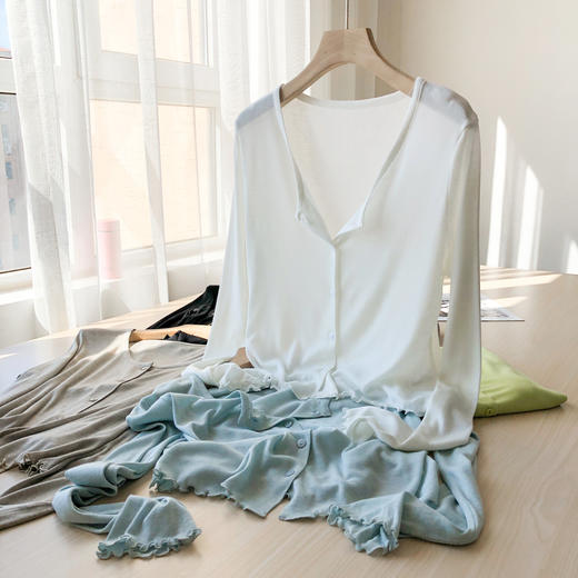 雀说软糯木耳边开衫松舒适桑蚕丝莱赛尔圆领长袖针织衫女防晒AL 商品图0