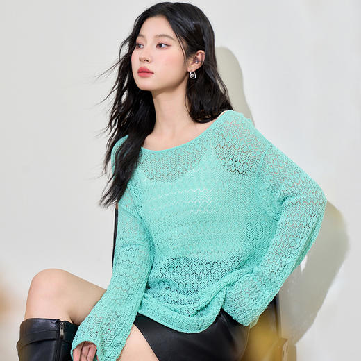 日薄荷曼波长袖镂空针织衫T恤女轻薄罩衫上衣V2942142 商品图2