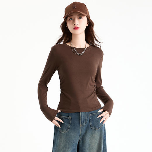 设计感褶皱圆领打底衫女秋季新款修身显瘦收腰不规则打底上衣长袖 商品图0
