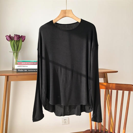 雀说桑蚕丝面膜宽松长袖T恤 女春夏莱赛尔圆领中长款打底衫AL 商品图7