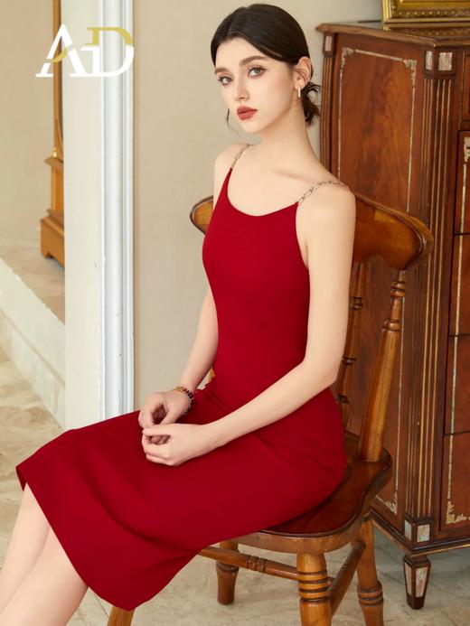 AD红色修身吊带连衣裙女收腰显瘦中长款包臀裙御姐风情万种的裙子 商品图2