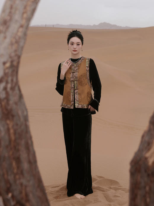 盛唐婧 |中式国风团龙库缎对襟马甲-棕色 商品图0