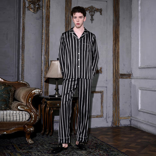 Solo seta22姆米重磅真丝长款凉感睡衣套装男桑蚕丝黑白条纹印花 商品图3