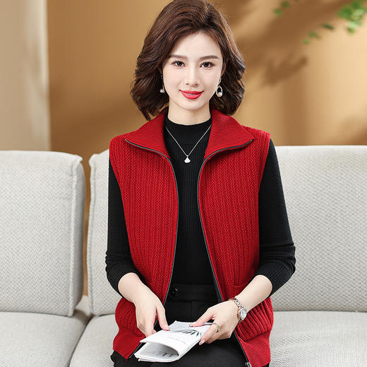 中年妈妈女装针织背心有口袋拉链开衫显气质外套2024春秋翻领马甲 商品图3